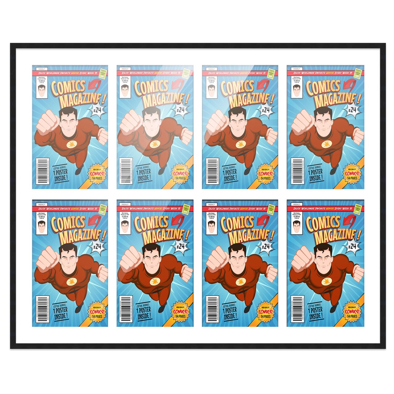 Comic Book Display Frame for Current Era Comic Published After 1985 - Black Wood Comic Frame With White Mat for 6.875x10.5 Comic, 18 Frame Sizes
